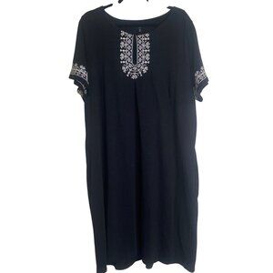 Talbots‎ Midi Shift Dress Woman 2X Black Embroidered Cotton Pockets
